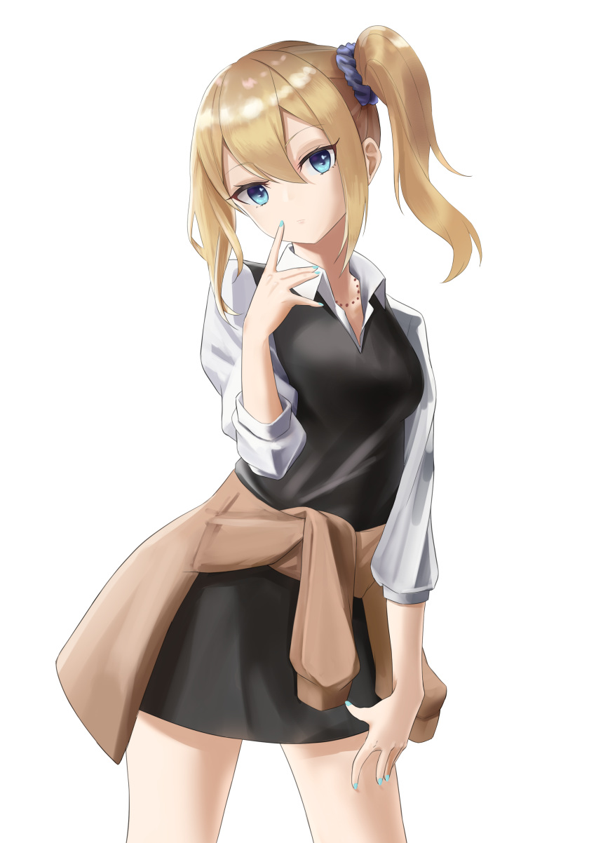 1girl absurdres bangs blonde_hair blue_eyes blue_nails blue_scrunchie blush breasts closed_mouth clothes_around_waist collarbone collared_shirt commentary_request cowboy_shot eyebrows_visible_through_hair finger_to_mouth fingernails hair_between_eyes hair_ornament hair_scrunchie hand_up hayasaka_ai highres kaguya-sama_wa_kokurasetai_~tensai-tachi_no_renai_zunousen~ kotayo long_hair long_sleeves looking_at_viewer medium_breasts nail_polish school_uniform scrunchie shirt shuuchiin_academy_uniform side_ponytail sidelocks simple_background sleeves_past_elbows solo sweater sweater_around_waist white_background white_shirt