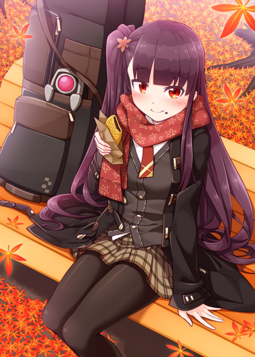 1girl arm_support autumn_leaves bangs bench black_coat black_legwear blush brown_skirt closed_mouth coat commentary_request eyebrows_visible_through_hair feet_out_of_frame food food_on_face girls_frontline grey_vest highres holding holding_food long_hair long_sleeves looking_at_viewer on_bench one_side_up open_clothes open_coat pantyhose park_bench plaid plaid_skirt pleated_skirt purple_hair red_eyes red_scarf sansei_rain scarf shirt sitting sitting_on_bench skirt sleeves_past_wrists smile solo taiyaki very_long_hair vest wa2000_(girls_frontline) wagashi white_shirt