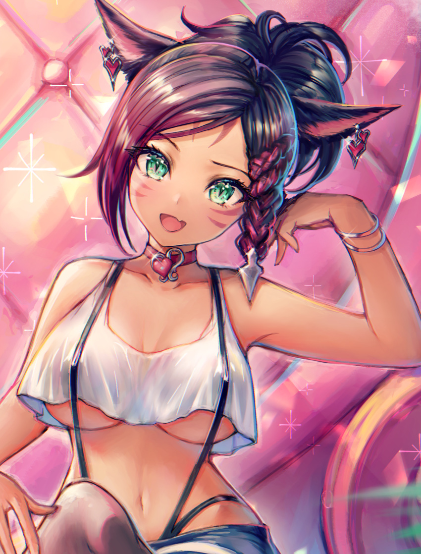 1girl :d absurdres animal_ears arm_up bangle bangs bare_arms bare_shoulders black_hair black_legwear bracelet braid breasts brooch cat_ears choker close-up collarbone commission crop_top crop_top_overhang earrings facial_mark fang final_fantasy final_fantasy_xiv green_eyes hair_ornament head_tilt highleg highres jewelry large_breasts long_hair looking_at_viewer midriff miqo'te navel open_mouth parted_bangs ponytail shannon_(chiffonx) shirt sleeveless sleeveless_shirt slit_pupils smile solo stomach suspenders under_boob white_shirt