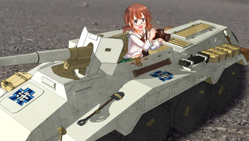 1girl armored_vehicle blush brown_hair camera emblem girls_und_panzer glasses ground_vehicle highres jerry_can looking_at_viewer looking_to_the_side midriff military military_vehicle navel ooarai_(emblem) ooarai_school_uniform open_mouth ou_taiga school_uniform semi-rimless_eyewear short_twintails shovel solo twintails under-rim_eyewear