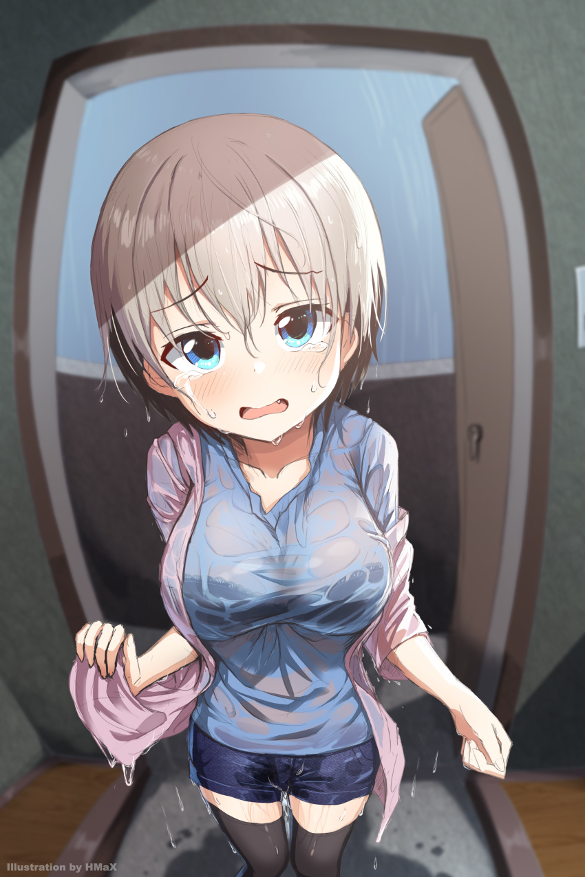 1girl absurdres apartment blue_eyes blue_hair blush bra breasts crying door fang grey_hair highres hmax large_breasts looking_at_viewer open_clothes open_door open_mouth rain sad see-through shirt short_hair shorts solo standing tearing_up tears thigh-highs underwear uzaki-chan_wa_asobitai! uzaki_hana wet wet_clothes wet_hair wet_shirt