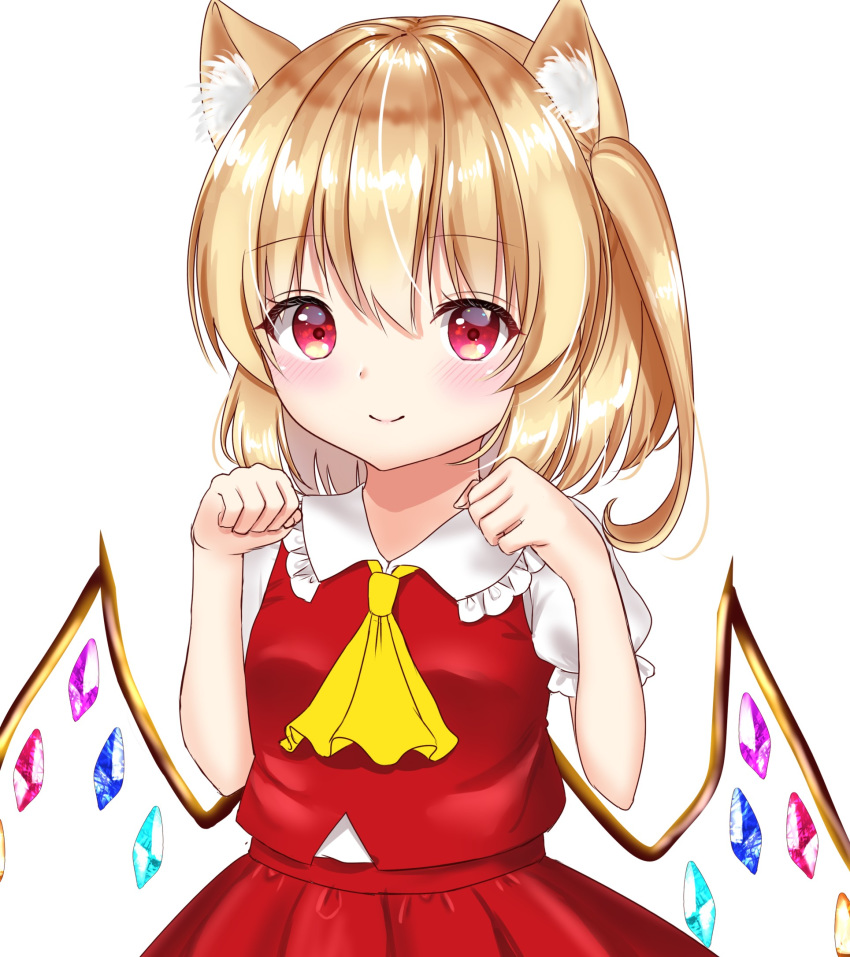 1girl animal_ear_fluff animal_ears arms_up blush breasts cat_ears commentary cravat error eyebrows_visible_through_hair flandre_scarlet hair_between_eyes highres kemonomimi_mode looking_at_viewer no_headwear nyanyanoruru paw_pose puffy_short_sleeves puffy_sleeves red_eyes red_skirt red_vest shiny shiny_hair shirt short_sleeves simple_background skirt small_breasts solo standing touhou upper_body vest white_background white_shirt wings yellow_neckwear