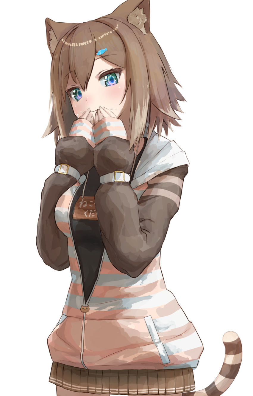 1girl animal_ear_fluff animal_ears blue_eyes breasts brown_hair fumino_tamaki highres hood hood_down hoodie large_breasts medium_hair miniskirt na_(zooncopter) name_tag nijisanji sidelocks simple_background skirt solo striped_tail sweater tail thighs virtual_youtuber