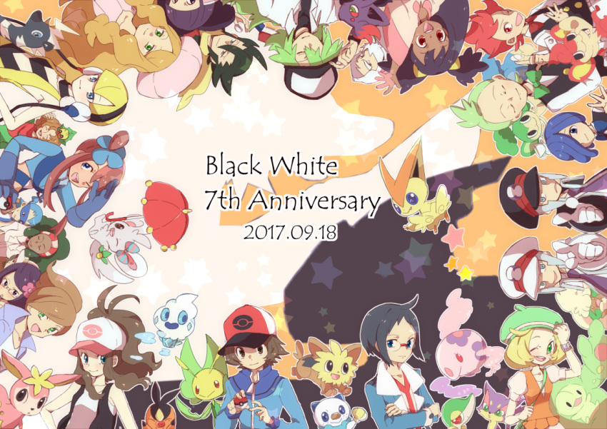 6+boys 6+girls :d ahoge arm_up aurea_juniper bangs bare_arms baseball_cap bianca_(pokemon) black_vest blitzle blonde_hair blue_eyes blue_gloves blue_hair blue_jacket blunt_bangs bow bowtie brown_hair brycen_(pokemon) burgh_(pokemon) buttons caitlin_(pokemon) cheren_(pokemon) chili_(pokemon) cilan_(pokemon) closed_eyes closed_mouth commentary_request cress_(pokemon) crossed_arms deerling drayden_(pokemon) elesa_(pokemon) emmet_(pokemon) facial_hair fennel_(pokemon) flower gen_5_pokemon glasses gloves green_eyes green_hair green_headwear green_neckwear grey_hair grimsley_(pokemon) hair_between_eyes hair_flower hair_ornament hair_over_one_eye hair_tie hand_up hat headband hilbert_(pokemon) hilda_(pokemon) holding holding_poke_ball holding_strap ingo_(pokemon) iris_(pokemon) jacket leavanny lenora_(pokemon) lillipup long_hair looking_at_viewer minccino multiple_boys multiple_girls munna n_(pokemon) ohds101 one_eye_closed open_mouth oshawott panpour pansage pansear pink_headwear pointing poke_ball poke_ball_(basic) poke_ball_symbol pokemon pokemon_(creature) pokemon_(game) pokemon_bw purple_hair purrloin red_eyes redhead reuniclus shauntal_(pokemon) shirt short_sleeves sidelocks skyla_(pokemon) sleeveless sleeveless_shirt smile snivy tepig tied_hair tongue vanillite vest white_gloves white_hair white_shirt zipper_pull_tab zorua