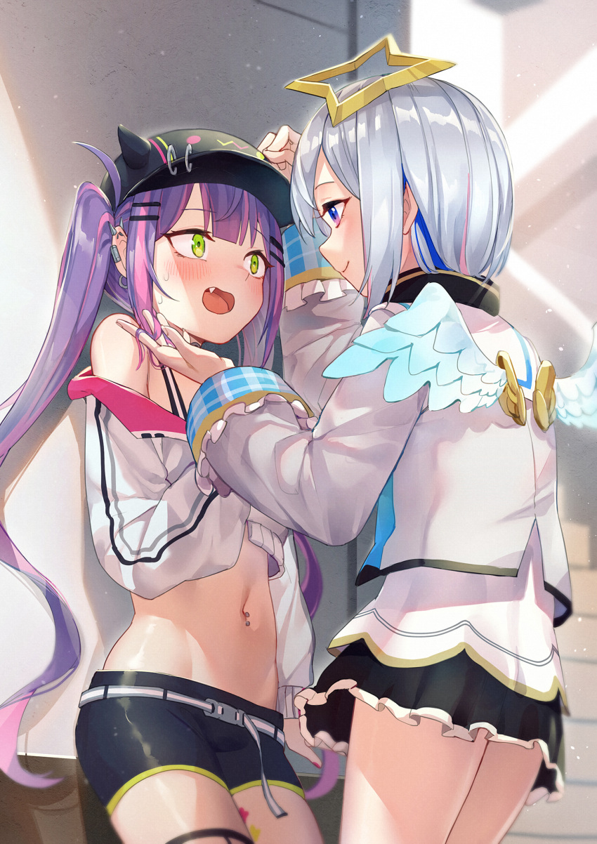 2girls :d amane_kanata angel_wings bare_shoulders baseball_cap belt bibi_(tokoyami_towa) black_headwear black_shorts black_skirt crop_top cropped_jacket ear_piercing fake_horns fang green_eyes groin hair_ornament hair_twirling hairclip hat highres hololive horns jacket long_hair long_sleeves looking_at_another midriff mini_wings miniskirt mr.lime multicolored_hair multiple_girls navel navel_piercing off-shoulder_jacket open_mouth piercing purple_hair shirt short_hair short_shorts shorts silver_hair skirt smile standing stomach streaked_hair sweat tokoyami_towa twintails very_long_hair violet_eyes virtual_youtuber white_jacket white_shirt wings yuri