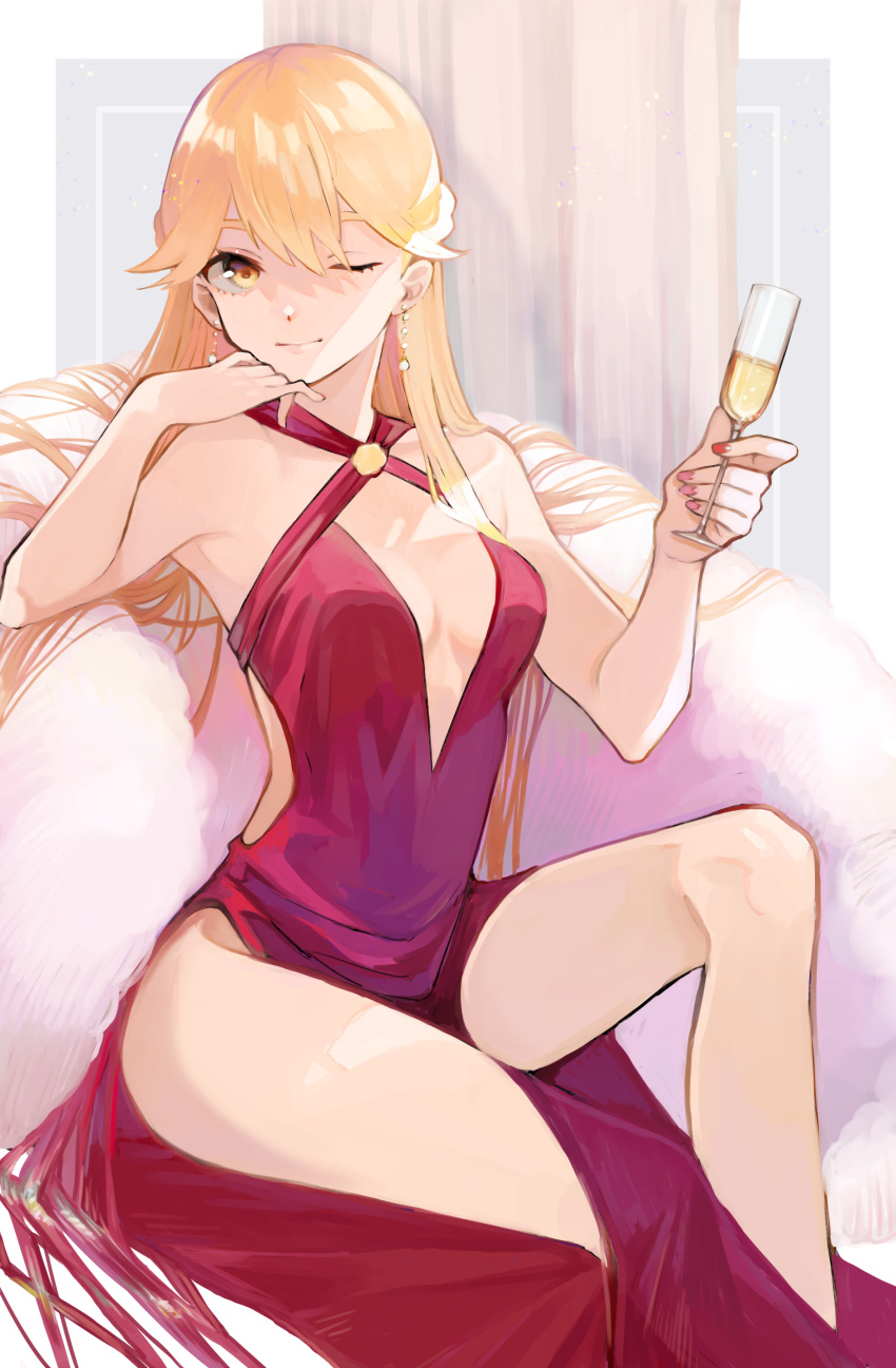 1girl aaoshigatoutoi absurdres alcohol bangs blonde_hair breasts closed_mouth cup dress drinking_glass earrings girls_frontline halter_dress halterneck highres holding jewelry lips long_hair medium_breasts nail_polish one_eye_closed ots-14_(girls_frontline) red_dress red_nails simple_background solo wine_glass yellow_eyes
