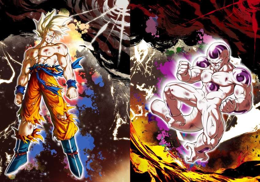 2boys angry blonde_hair blood blood_on_face bruise clenched_hands clenched_teeth closed_mouth dragon_ball dragon_ball_z floating frieza full_body injury male_focus mattari_illust multiple_boys muscle son_gokuu super_saiyan super_saiyan_1 tail teeth torn torn_clothes