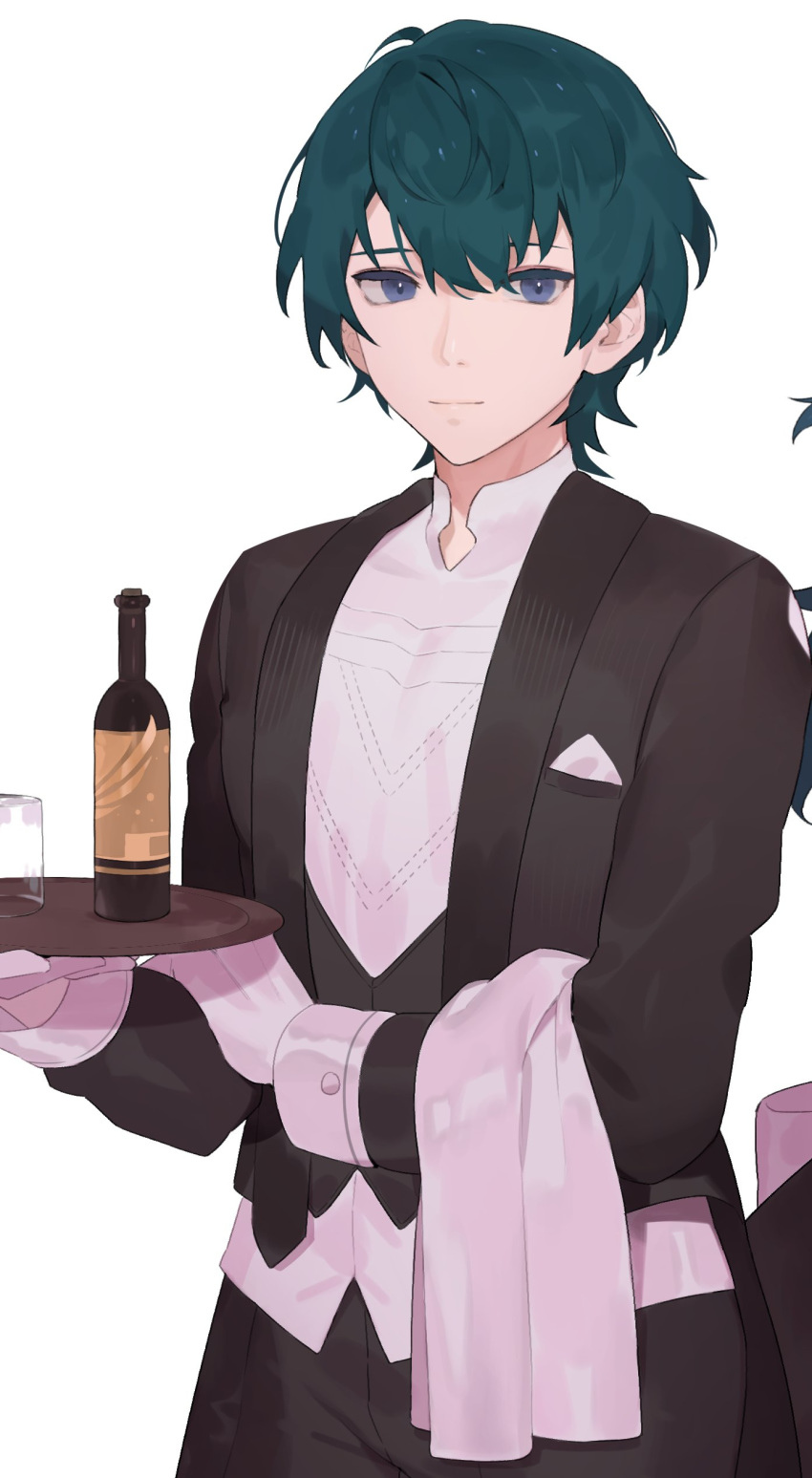 1boy absurdres blue_eyes blue_hair bottle butler byleth_(fire_emblem) byleth_eisner_(male) closed_mouth fire_emblem fire_emblem:_three_houses glass gloves highres holding long_sleeves ryein short_hair simple_background solo upper_body white_background white_gloves wine_bottle