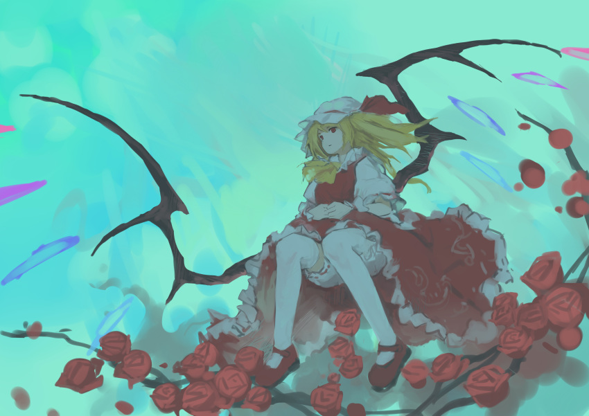 1girl absurdres aqua_background ascot bangs blonde_hair blood blood_splatter bloomers blue_background closed_mouth collared_shirt commentary crystal flandre_scarlet flower frilled_shirt_collar frilled_skirt frilled_sleeves frills from_below full_body hands_on_own_stomach hat hat_ribbon highres large_wings looking_afar mary_janes medium_hair mob_cap one_side_up own_hands_together puffy_short_sleeves puffy_sleeves red_eyes red_flower red_footwear red_ribbon red_rose red_skirt red_vest ribbon ribbon-trimmed_sleeves ribbon-trimmed_underwear ribbon_trim rose shirt shoes short_sleeves sidelocks skirt skirt_set solo spread_wings thigh-highs touhou underwear upskirt vest white_bloomers white_headwear white_legwear white_shirt wings wrist_cuffs xii_yashizhongzhan yellow_neckwear