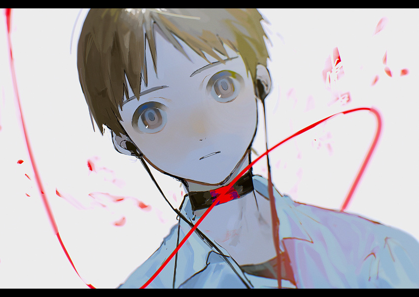 1boy absurdres brown_eyes brown_hair close-up collar collared_shirt dutch_angle earphones evangelion:_3.0_you_can_(not)_redo face highres huge_filesize ikari_shinji isomu letterboxed looking_at_viewer male_focus neon_genesis_evangelion parted_lips portrait rebuild_of_evangelion shirt short_hair solo white_background white_shirt