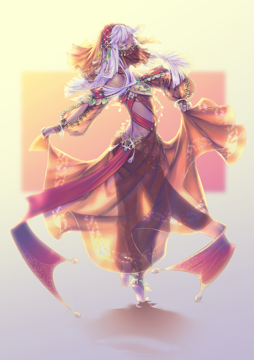 1girl absurdres anklet aqua_eyes barefoot bracelet bridal_gauntlets cyd_chen dancer dark_skin full_body gem gold harem_outfit highres jewelry long_hair looking_at_viewer mouth_veil open_mouth original revealing_clothes sheer_clothes simple_background solo tiptoes twisted_torso white_hair
