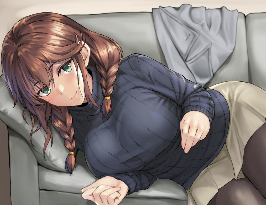 1girl alternate_costume black_legwear black_sweater blush braid breasts brown_hair closed_mouth eyebrows_visible_through_hair green_eyes grey_skirt hair_between_eyes kantai_collection kokuzou large_breasts long_hair long_sleeves noshiro_(kantai_collection) pantyhose pleated_skirt ribbed_sweater skirt smile solo sweater twin_braids