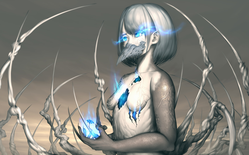 1girl absurdres banicha blue_eyes blue_flower bone collarbone crack cracked_skin fingernails flower glowing glowing_eyes glowing_flower grey_hair highres long_fingernails mask monster_girl mouth_mask original outdoors sharp_fingernails short_hair solo upper_body