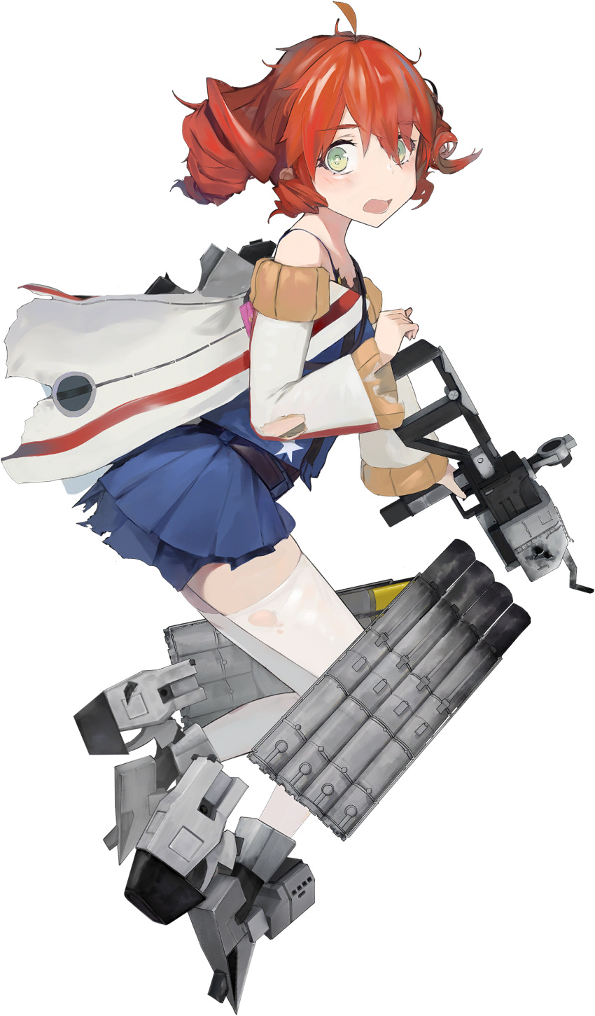 1girl ahoge artist_request bangs blue_oath blue_skirt blush damaged drill_hair green_eyes gridley_(blue_oath) highres holding long_sleeves official_art open_mouth redhead rigging short_hair side_drill skirt solo star_(symbol) thigh-highs torn_clothes torn_legwear transparent_background white_legwear