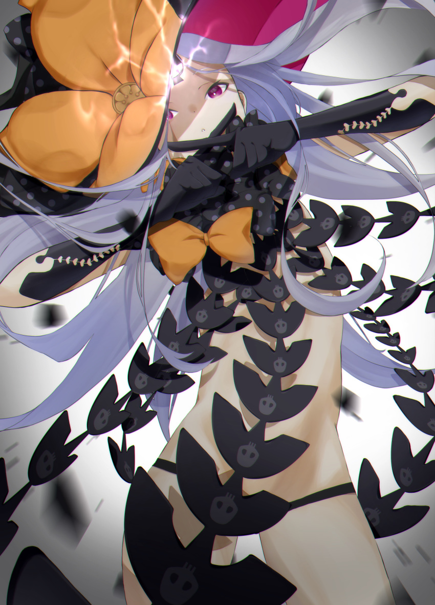 1girl abigail_williams_(fate/grand_order) absurdres artist_request bangs bare_shoulders black_bow black_headwear black_panties bow breasts crossed_fingers fate/grand_order fate_(series) forehead hat highres keyhole long_hair multiple_bows orange_bow panties parted_bangs skull_print small_breasts thighs third_eye underwear violet_eyes white_hair white_skin witch_hat