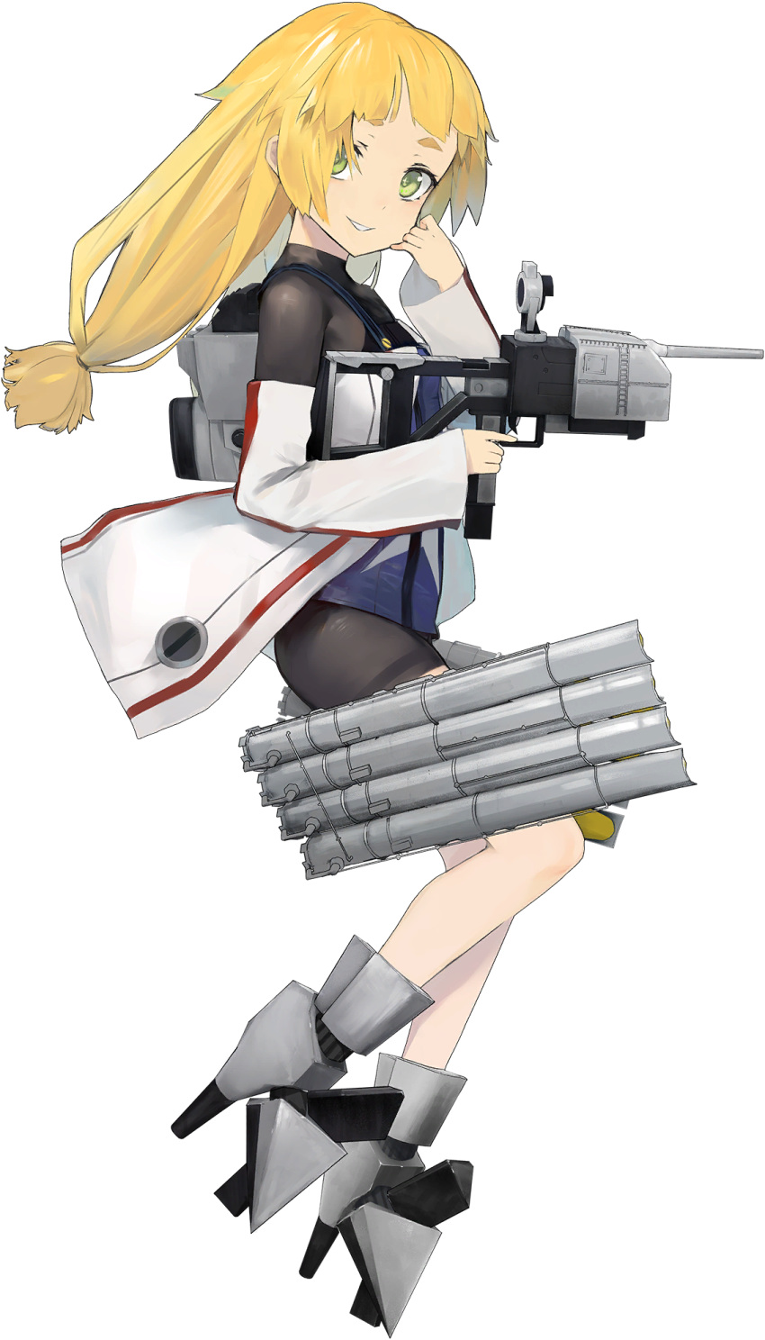 1girl artist_request bangs black_bodysuit blonde_hair blue_oath bodysuit boots detached_sleeves green_eyes highres holding long_hair long_sleeves low-tied_long_hair mccall_(blue_oath) official_art rigging solo star_(symbol) thick_eyebrows torpedo torpedo_tubes transparent_background