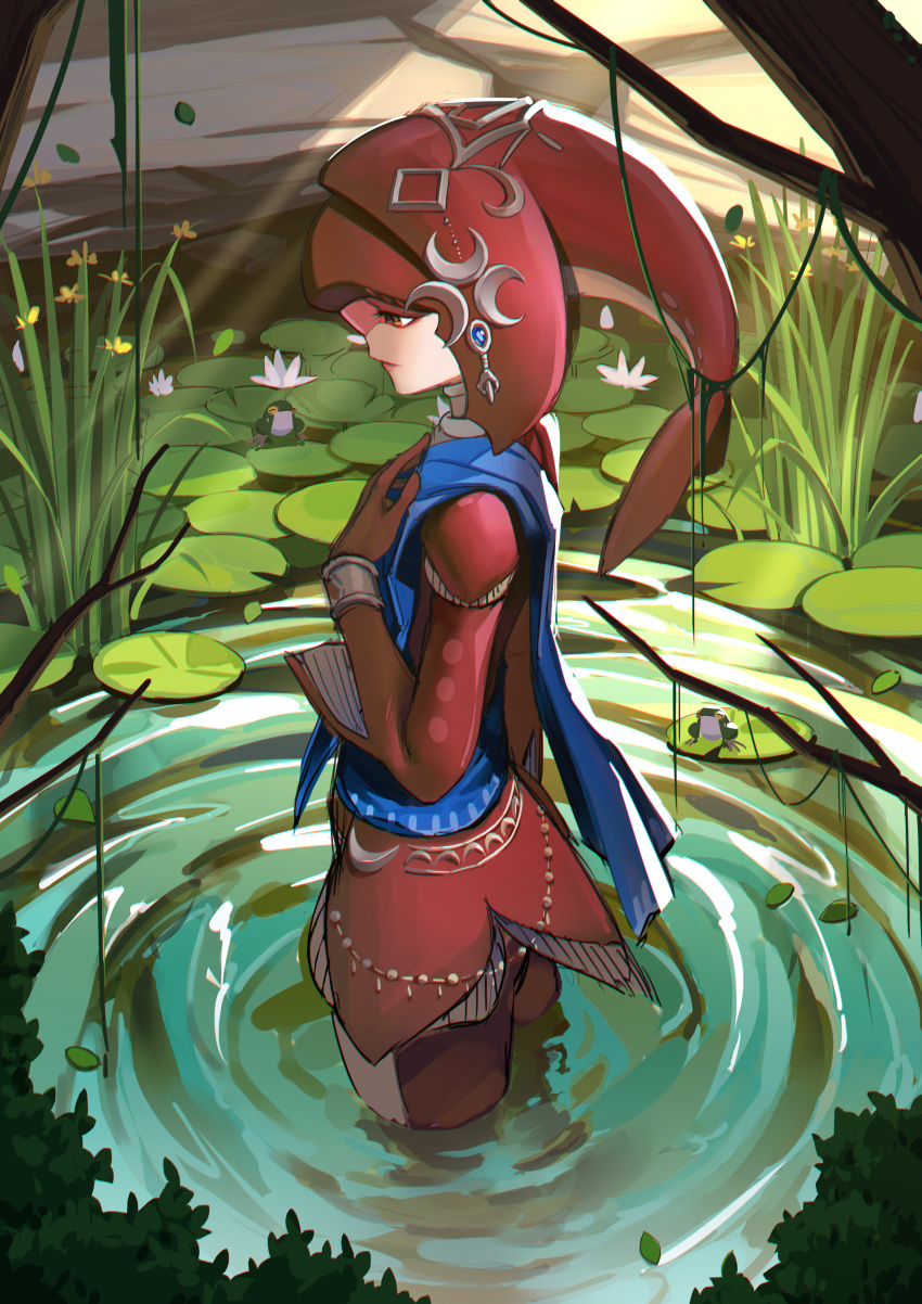 1girl absurdres animal commentary_request day fins fish_girl frog from_side hair_ornament highres jewelry leaf long_hair looking_at_viewer mipha monster_girl multicolored multicolored_skin nature no_eyebrows outdoors plant pointy_ears profile redhead smile solo sunlight the_legend_of_zelda the_legend_of_zelda:_breath_of_the_wild vines wading water yellow_eyes zhili_xingzou zora