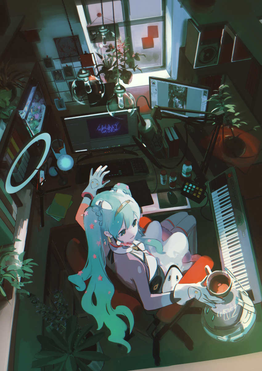 1girl absurdres aqua_eyes aqua_hair aqua_legwear bangs book bookshelf chair commentary_request cup dual_monitor fish fish_tank from_above gloves hatsune_miku highres instrument keyboard_(computer) keyboard_(instrument) kukka long_hair microphone monitor mouse_(computer) office_chair photo_(object) pill_bottle plant pop_filter robot sitting solo stereo thigh-highs twintails vocaloid white_gloves window