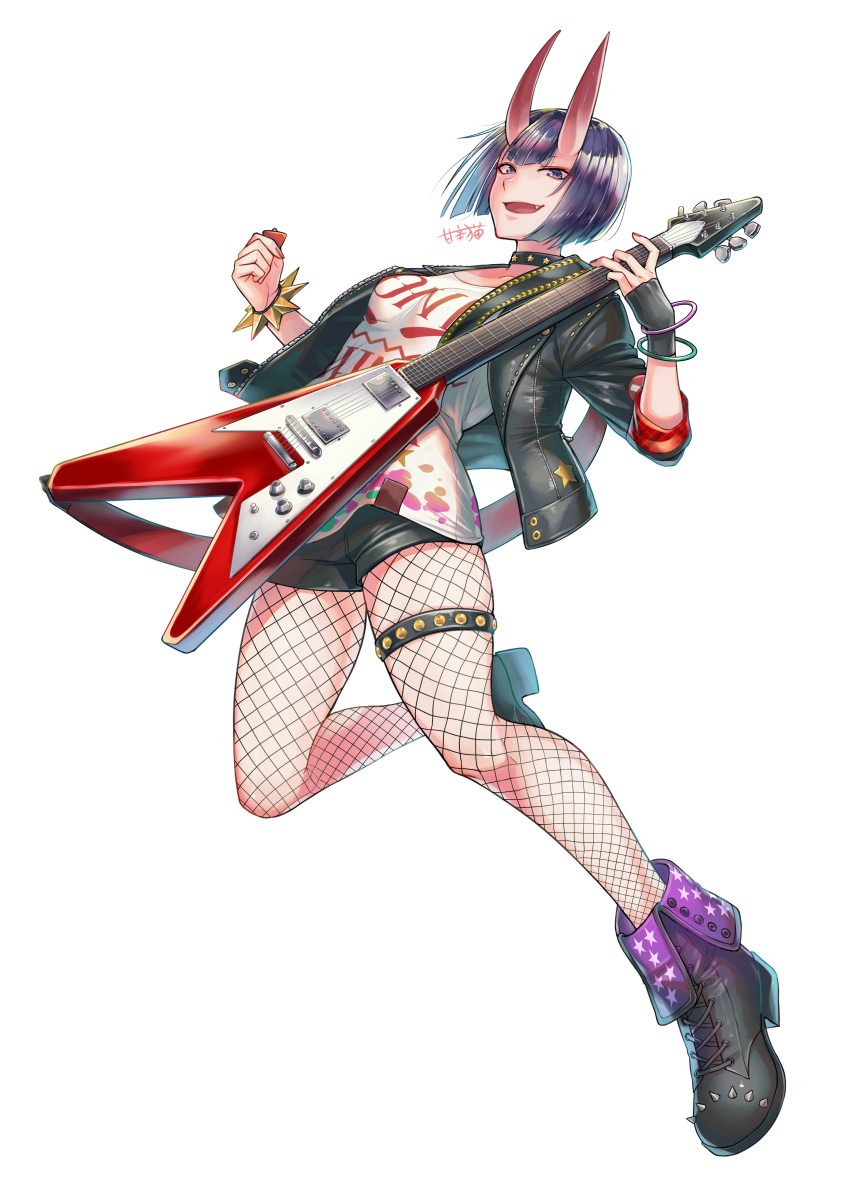 1girl absurdres bangs black_jacket black_shorts bob_cut boots bracelet breasts electric_guitar eyeliner fang fate/grand_order fate_(series) fishnet_legwear fishnets guitar highres horns instrument jacket jewelry long_sleeves looking_at_viewer makeup oni oni_horns open_clothes open_jacket open_mouth purple_hair raito_(latek) shirt short_hair short_shorts shorts shuten_douji_(fate/grand_order) simple_background skin-covered_horns small_breasts smile spiked_bracelet spikes violet_eyes white_background white_shirt