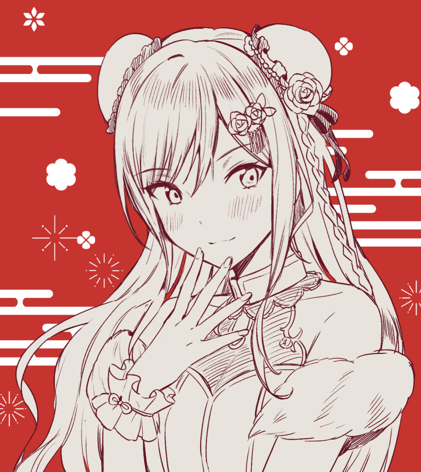 1girl bang_dream! bangs bare_shoulders blush braid bun_cover closed_mouth commentary double_bun dress egasumi eyebrows_visible_through_hair flower hair_between_eyes hair_flower hair_ornament hand_up highres imai_lisa long_hair looking_at_viewer monochrome red_background rose sleeveless sleeveless_dress smile solo tiny_(tini3030) upper_body very_long_hair wrist_cuffs