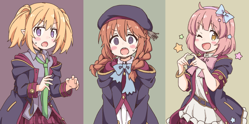 3girls :o ;d @_@ ahoge bangs beret black_coat black_headwear blonde_hair blue_bow blush bow braid brown_eyes brown_hair chieru_(princess_connect!) chloe_(princess_connect!) coat collared_dress commentary_request dress dress_shirt eyebrows_visible_through_hair frilled_coat frilled_shirt frills green_neckwear grey_shirt hair_between_eyes hair_bow hair_ornament hairband hat heart heart_hands highres hood hood_down hooded_coat long_hair looking_at_viewer multiple_girls necktie nekotoufu one_eye_closed open_mouth pink_bow pink_hair pink_hairband plaid plaid_skirt pleated_skirt pointy_ears princess_connect! princess_connect!_re:dive purple_skirt shirt short_sleeves skirt smile star_(symbol) star_hair_ornament star_in_eye sweat symbol_in_eye twin_braids twintails v-shaped_eyebrows violet_eyes white_dress white_shirt yuni_(princess_connect!)