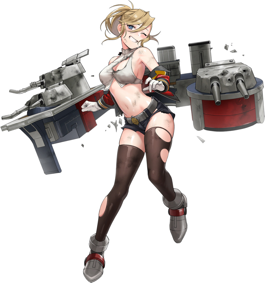 1girl artist_request bangs belt black_legwear black_shorts blonde_hair blue_eyes blue_oath blush breasts cropped_jacket damaged dirty gloves grin highres jacket large_breasts long_hair midriff navel official_art one_eye_closed red_jacket repulse_(blue_oath) rigging short_shorts shorts smile solo thigh-highs torn_clothes torn_legwear transparent_background white_gloves