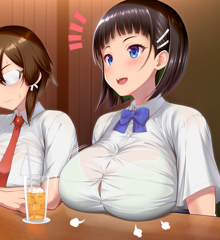 2girls asada_shino bangs black_hair blue_eyes blue_ribbon blush bra bra_peek breast_rest breasts brown_hair bursting_breasts commentary_request cup drinking_glass drinking_straw emphasis_lines glasses green_bra hair_ornament hair_tie hairclip highres kawase_seiki kirigaya_suguha large_breasts multiple_girls necktie open_mouth ribbon round_teeth see-through short_hair sitting sweat sword_art_online table tea teeth underwear wavy_mouth