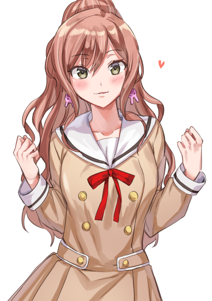 1girl absurdres bang_dream! bangs blush bow breasts brown_dress brown_eyes brown_hair bunny_earrings dress earrings eyebrows_visible_through_hair hair_between_eyes hands_up heart high_ponytail highres imai_lisa jewelry long_hair long_sleeves looking_at_viewer parted_lips ponytail red_bow sailor_collar sailor_dress school_uniform simple_background small_breasts solo tiny_(tini3030) very_long_hair white_background white_sailor_collar