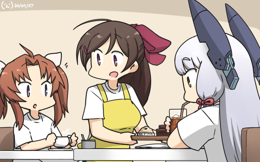 3girls ahoge alternate_costume apron brown_hair commentary_request cup dated drink drinking_straw eyebrows_visible_through_hair food hair_ornament hair_ribbon hairclip half_updo hamu_koutarou headgear highres kagerou_(kantai_collection) kantai_collection long_hair mamiya_(kantai_collection) multiple_girls murakumo_(kantai_collection) orange_eyes red_eyes remodel_(kantai_collection) ribbon shirt short_eyebrows sidelocks silver_hair sipping t-shirt table tress_ribbon twintails upper_body violet_eyes white_ribbon white_shirt yellow_apron