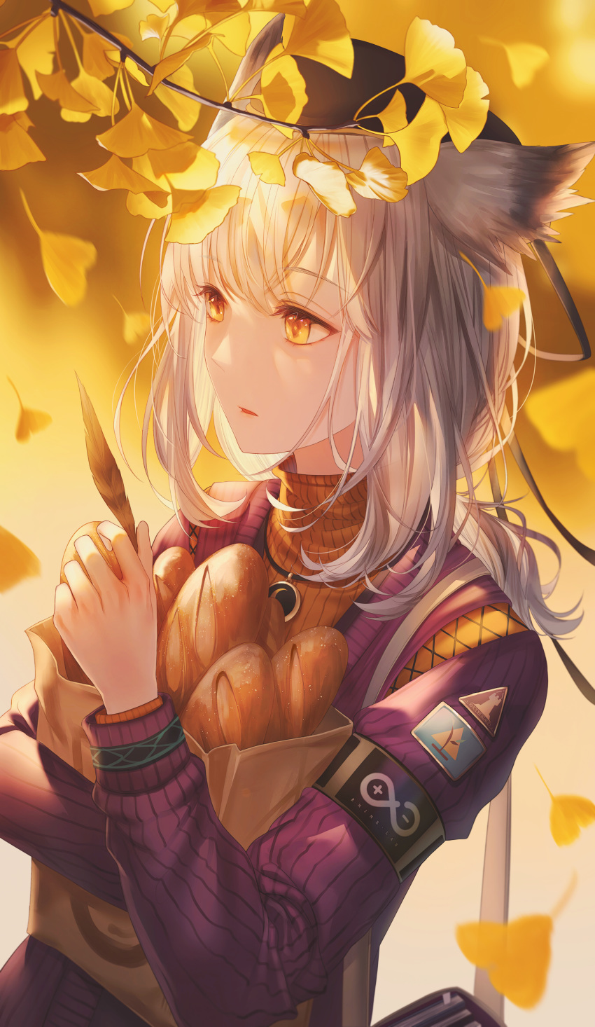 1girl absurdres arknights autumn autumn_leaves bag bangs black_headwear blurry blurry_background bread cardigan eyelashes falling_leaves feathers food hair_flaps hand_up hat highres holding holding_feather huge_filesize leaf lium long_hair long_sleeves looking_at_viewer looking_away looking_to_the_side low_ponytail motion_blur nature object_hug orange_sweater paper_bag parted_lips ponytail ptilopsis_(arknights) shoulder_bag silver_hair solo sweater tree_branch turtleneck upper_body yellow_eyes