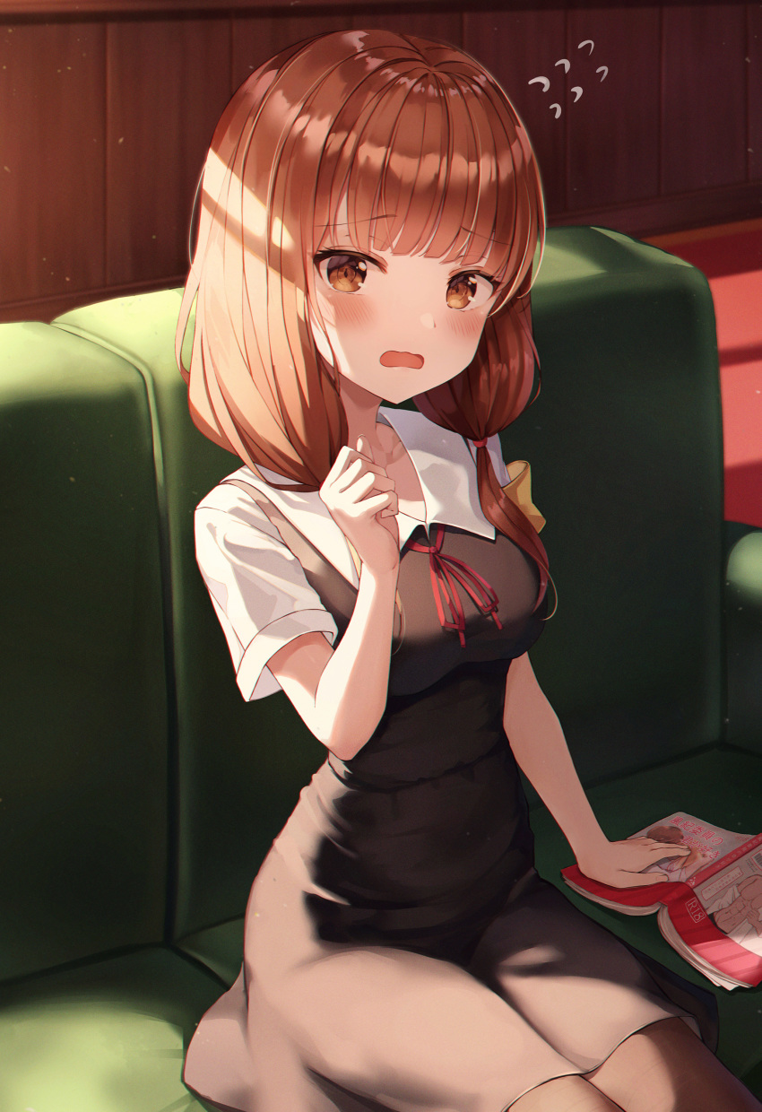 1girl absurdres black_dress blush book breasts brown_eyes brown_hair commentary_request couch dress embarrassed eyebrows_visible_through_hair hand_up highres iino_miko kaguya-sama_wa_kokurasetai_~tensai-tachi_no_renai_zunousen~ large_breasts long_hair looking_at_viewer on_couch open_mouth pantyhose red_neckwear red_ribbon ribbon school_uniform short_sleeves short_twintails sitting solo twintails wabbajack wavy_mouth