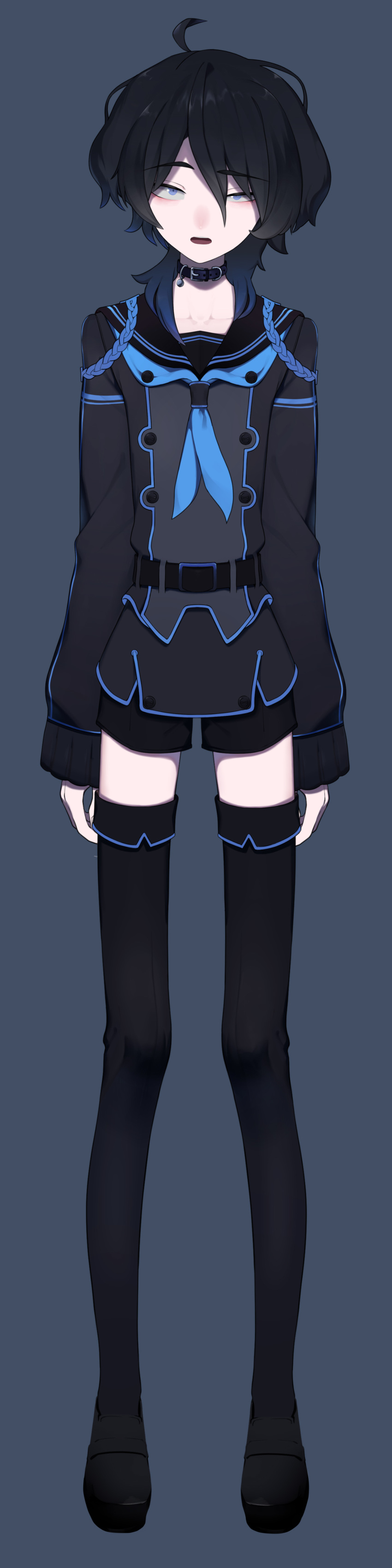 1boy absurdres annoyed arms_at_sides bangs belt black_belt black_collar black_footwear black_hair black_legwear black_sailor_collar black_shorts blue_eyes blue_hair collar collarbone commentary_request double-breasted full_body gradient_hair grey_background hair_between_eyes highres indie_virtual_youtuber kushizaki_(vtuber) loafers long_image long_sleeves looking_at_viewer multicolored_hair neckerchief open_mouth sailor_collar shoes short_hair shorts simple_background sleeves_past_wrists solo st_(youx1119) standing tall_image thigh-highs virtual_youtuber