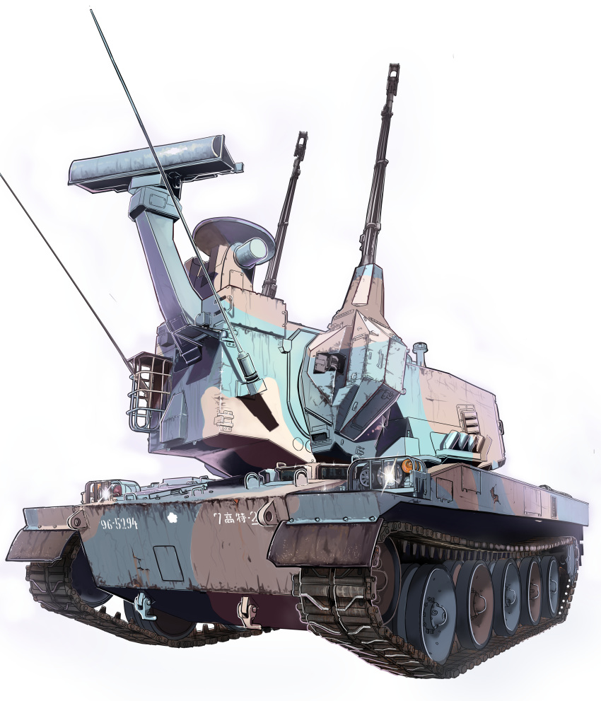 aa_gun absurdres caterpillar_tracks commentary_request ground_vehicle highres izushi_(keeki) military military_vehicle motor_vehicle no_humans original tank type_87_self-propelled_anti_aircraft_gun white_background