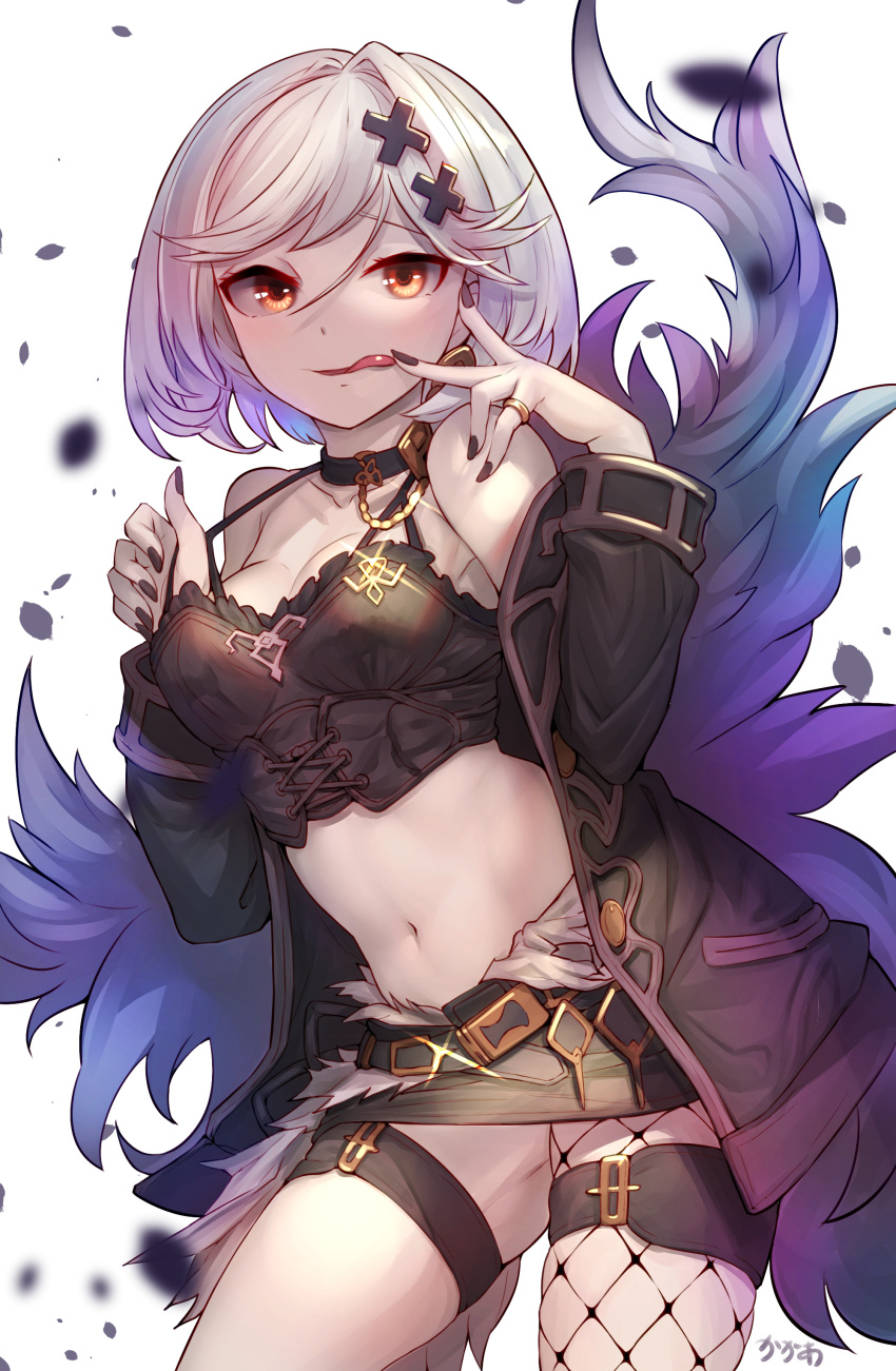 1girl absurdres alter_ego_malevolent_(granblue_fantasy) arpeggio_kaga bangs bare_shoulders belt black_jacket black_nails black_skirt breasts chain choker cross-laced_clothes djeeta_(granblue_fantasy) finger_licking finger_to_mouth fishnet_legwear fishnets glint granblue_fantasy grey_hair hair_ornament hairclip highres jacket jewelry licking long_sleeves looking_at_viewer microskirt midriff nail_polish navel off_shoulder open_clothes open_jacket orange_eyes pantyhose petals red_eyes ring short_hair single_leg_pantyhose skirt solo standing standing_on_one_leg strap_gap strap_lift swept_bangs thighband_pantyhose tongue tongue_out white_background x_hair_ornament