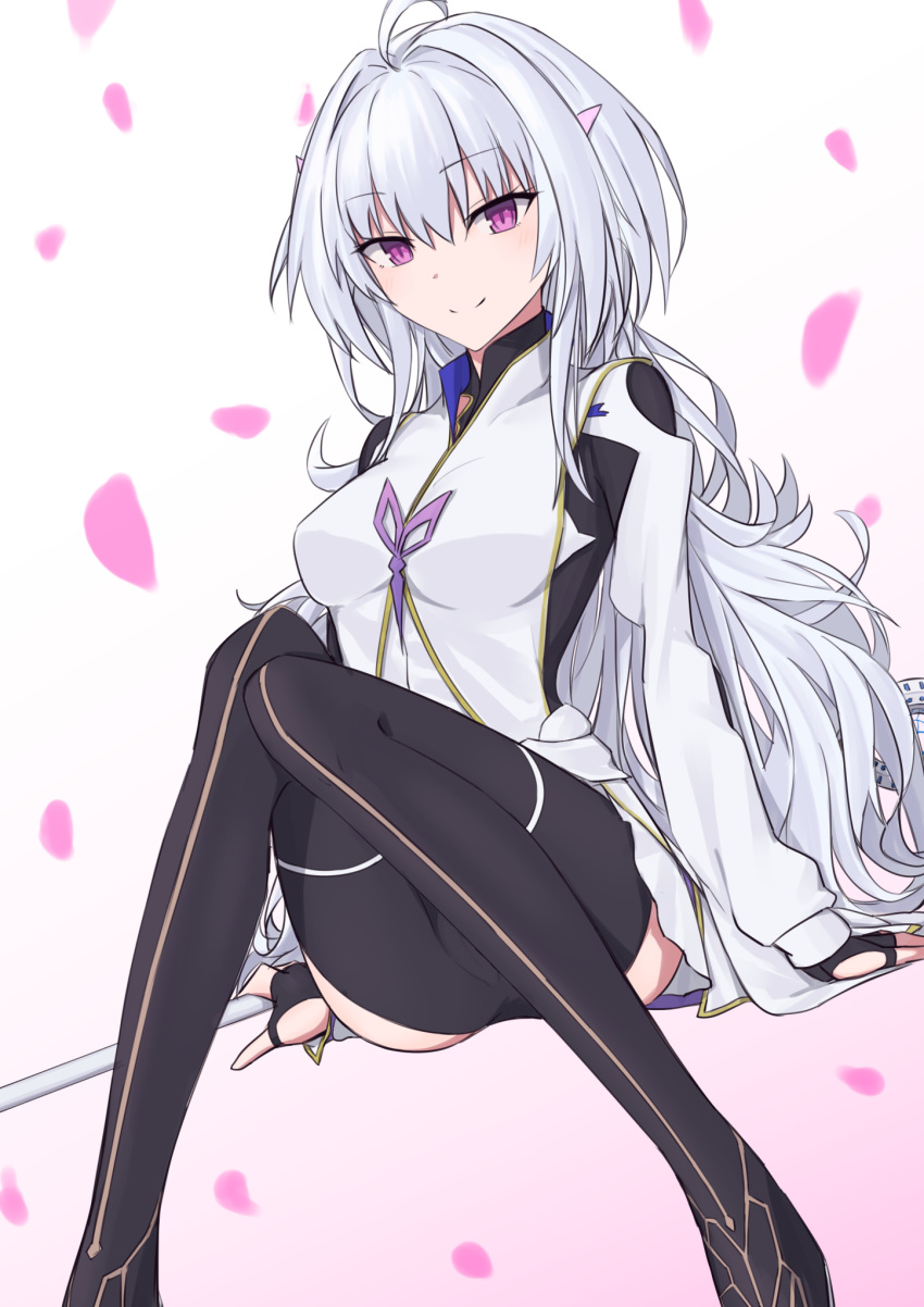 1girl ahoge bangs black_gloves black_pants breasts elfenlied22 fate/grand_order fate/prototype fate_(series) fingerless_gloves gloves highres holding holding_staff long_hair long_sleeves looking_at_viewer medium_breasts merlin_(fate/prototype) pants smile staff thighs very_long_hair violet_eyes white_hair white_robe wide_sleeves