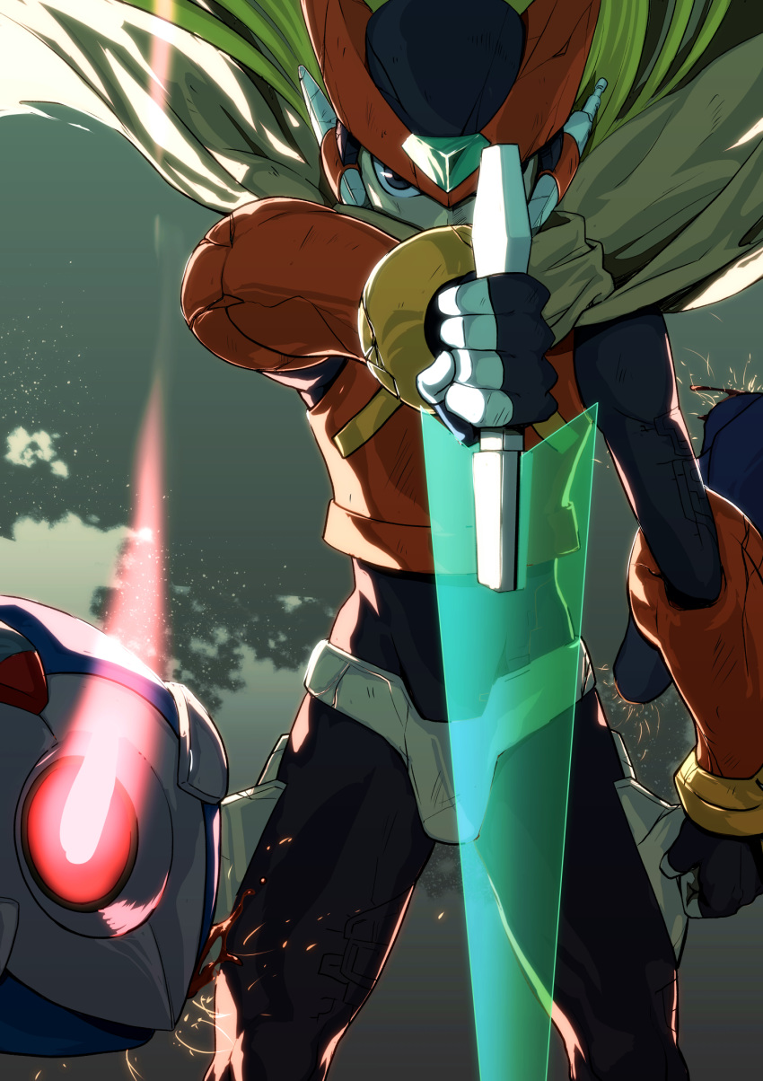 1boy after_(artist) android blonde_hair capcom cape cowboy_shot energy_blade energy_sword facing_viewer helmet highres holding holding_weapon long_hair male_focus rockman rockman_zero serious solo sword weapon zero_(rockman)