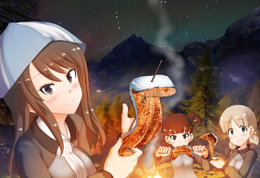 3girls aki_(girls_und_panzer) aquaegg blonde_hair blush brown_hair campfire cooking dark eating fish food girls_und_panzer green_eyes hat keizoku_military_uniform long_hair looking_at_viewer mika_(girls_und_panzer) mikko_(girls_und_panzer) mountian multiple_girls night night_sky outdoors short_hair short_twintails skewer sky smile smoke star_(sky) starry_sky tree twintails two_side_up