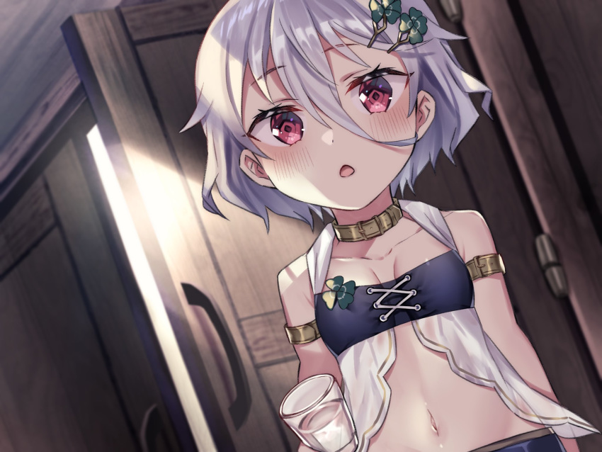 1girl arm_belt bare_shoulders blurry breasts center_opening choker depth_of_field door hair_between_eyes hair_ornament hairclip highres looking_at_viewer midriff natsuki_iori navel open_mouth original red_eyes revealing_clothes shirt short_hair silver_hair small_breasts solo stomach upper_body white_shirt