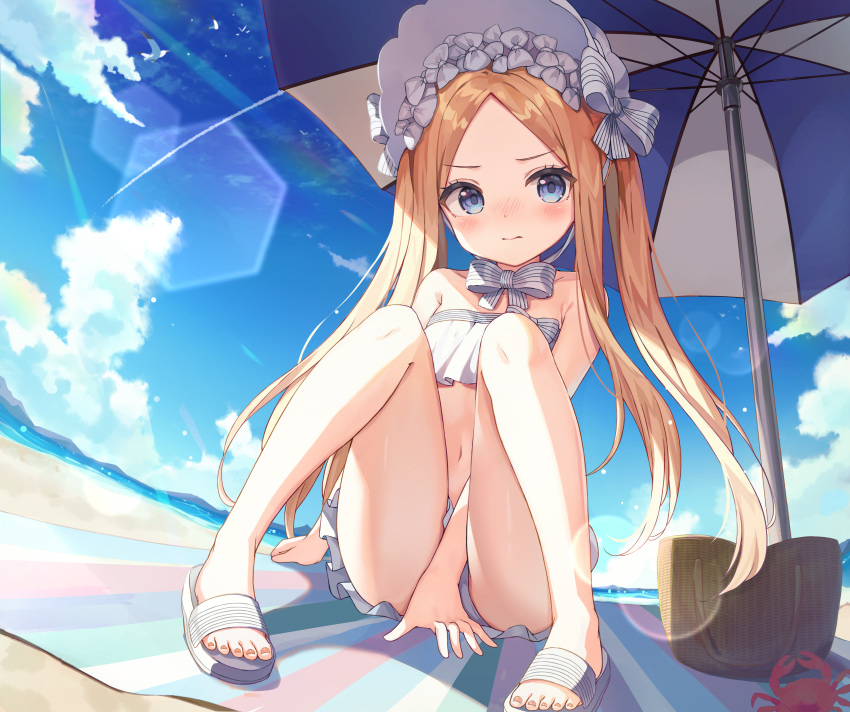 1girl abigail_williams_(fate/grand_order) abigail_williams_(swimsuit_foreigner)_(fate) absurdres bangs bare_shoulders basket beach beach_umbrella bikini bird blonde_hair blue_eyes blue_sky blush bonnet bow breasts closed_mouth crab fate/grand_order fate_(series) forehead hair_bow highres knees_up lens_flare long_hair looking_at_viewer miniskirt nam navel parted_bangs sandals seagull shore sidelocks sitting skirt sky small_breasts sunlight swimsuit twintails umbrella very_long_hair white_bikini white_bow white_headwear