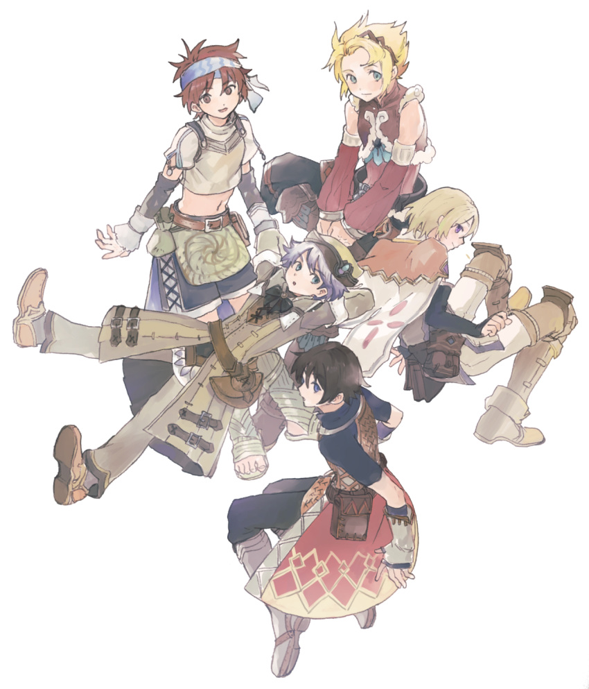 5boys abuku arm_pillow arms_behind_head azel_(rune_factory) bare_shoulders belt belt_pouch black_hair blonde_hair blue_eyes blush bob_cut boots bow bowtie brown_eyes brown_hair cape coat detached_sleeves floating hairband headband highres kyle_(rune_factory) lest_(rune_factory) long_sleeves looking_at_viewer looking_back lying male_focus mice_(rune_factory) midriff multiple_boys on_back pants pouch profile raguna rune_factory rune_factory_1 rune_factory_2 rune_factory_3 rune_factory_4 rune_factory_oceans sandals shoe_soles shoes short_sleeves shorts silver_hair simple_background sitting smile violet_eyes waist_cape white_background