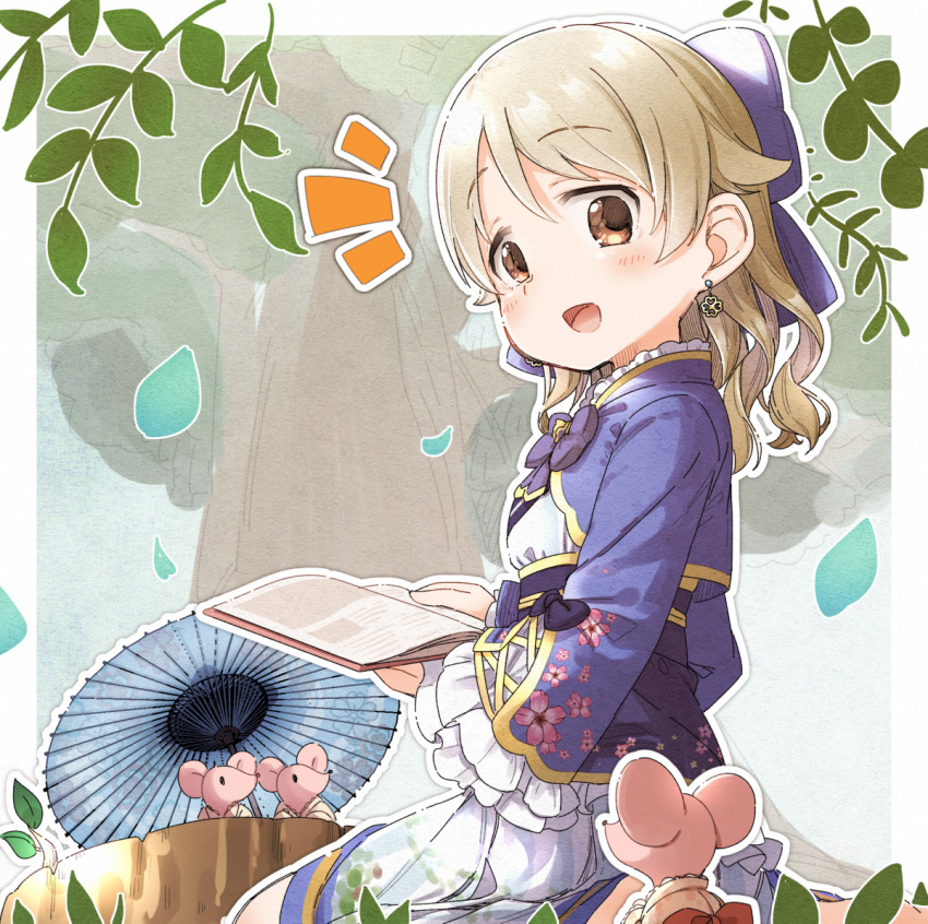 1girl :d bangs blue_jacket blue_umbrella blush book bow brown_eyes brown_hair chinese_zodiac commentary_request cropped_jacket dress earrings eyebrows_visible_through_hair floral_print from_behind hair_between_eyes hair_bow holding holding_book idolmaster idolmaster_cinderella_girls idolmaster_cinderella_girls_starlight_stage jacket jewelry long_hair long_sleeves looking_at_viewer looking_back morikubo_nono mouse notice_lines open_book open_clothes open_jacket open_mouth oriental_umbrella petals print_jacket print_umbrella purple_bow sitting smile solo tree tree_stump umbrella wariza white_dress wide_sleeves year_of_the_rat yukie_(kusaka_shi)