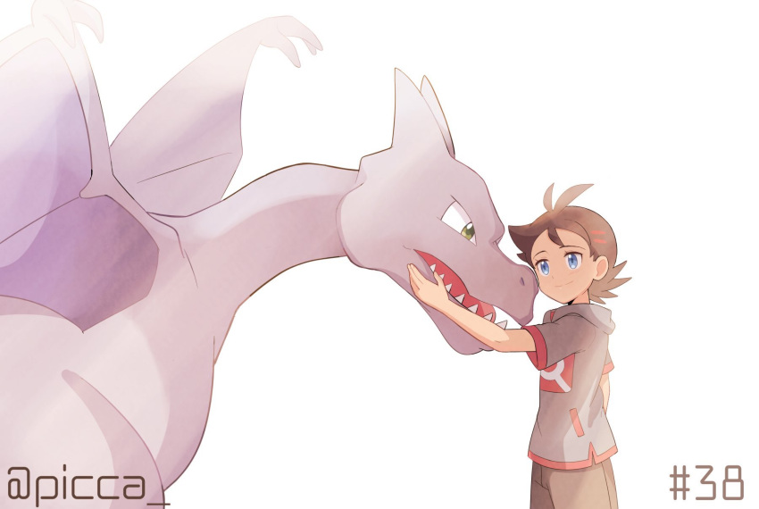 1boy aerodactyl antenna_hair blue_eyes blush brown_hair closed_mouth commentary_request eyelashes gen_1_pokemon goh_(pokemon) hand_up hashtag highres holding holding_pokemon looking_up mei_(maysroom) number pants pokemon pokemon_(anime) pokemon_(creature) pokemon_swsh_(anime) short_sleeves side_slit smile watermark white_background