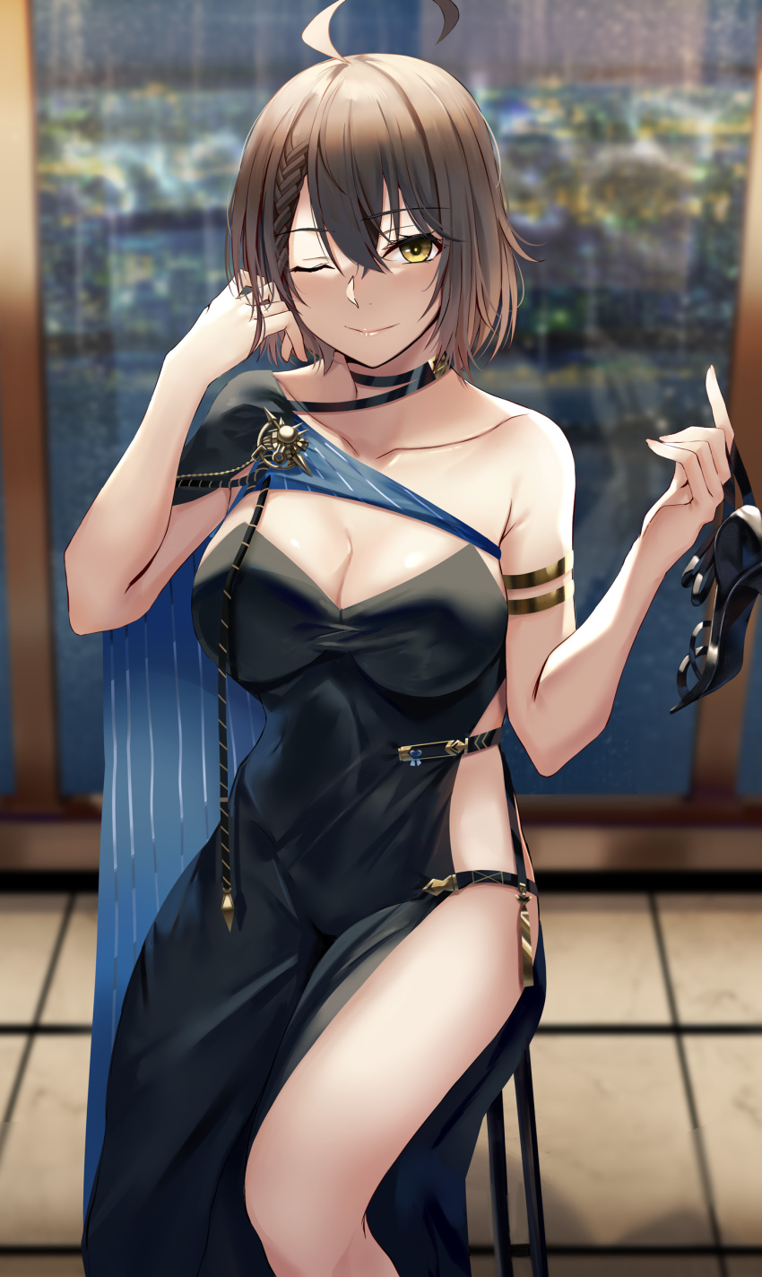 1girl absurdres ahoge azur_lane baltimore_(azur_lane) baltimore_(evening_breeze_minuet)_(azur_lane) blue_cape bob_cut braid breasts brown_eyes brown_hair cape commentary dress eagle_union_(emblem) evening_gown footwear_removed highres holding holding_shoes large_breasts nicky_w shoes side_slit single_bare_shoulder solo two-tone_cape