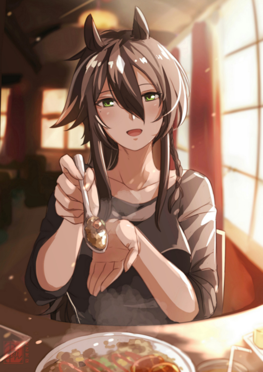 1girl :d absurdres animal_ears arknights bangs black_shirt braid brown_hair commentary english_commentary ezraqi food green_eyes hair_between_eyes highres holding holding_spoon indoors long_hair looking_at_viewer meteor_(arknights) mole mole_under_eye open_mouth shirt short_sleeves single_braid smile solo spoon upper_body