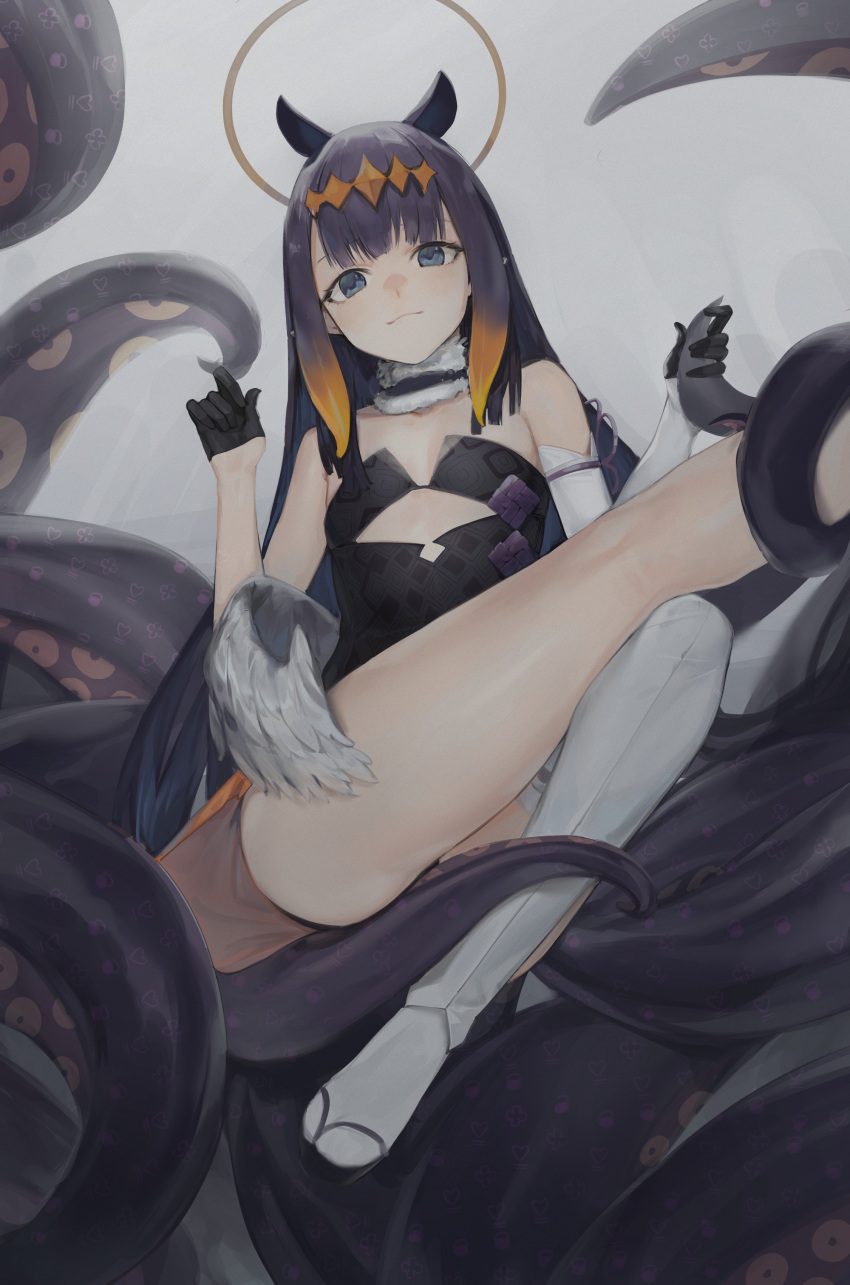 1girl absurdres bangs black_dress black_gloves blue_eyes blunt_bangs breasts closed_mouth detached_sleeves dress gloves halo highres holding hololive hololive_english jam_(nandade) leg_up long_hair looking_at_viewer low_wings monster_girl ninomae_ina'nis okobo pointy_ears purple_hair single_detached_sleeve single_thighhigh sitting small_breasts smile solo tentacle_hair tentacles thigh-highs thighs virtual_youtuber wings