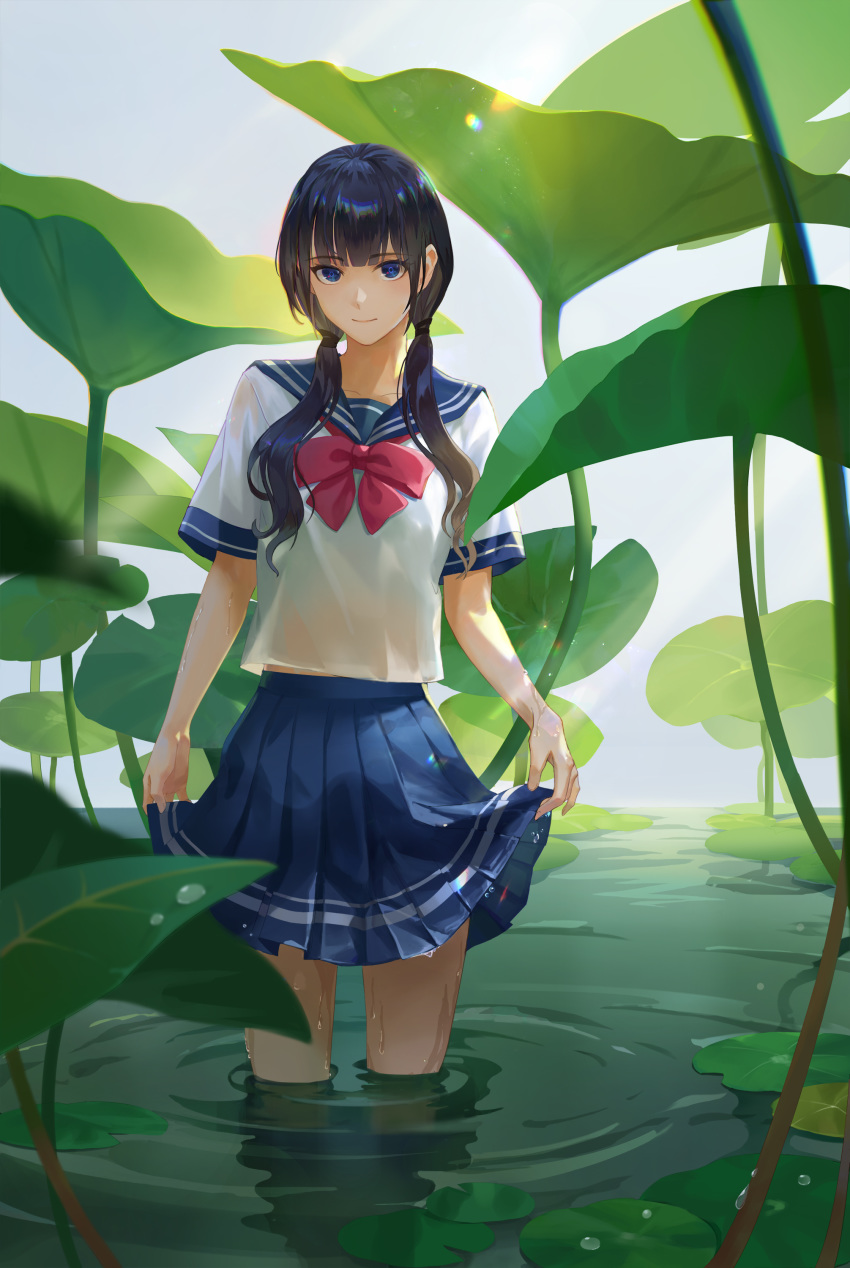 1girl absurdres backlighting bangs black_hair blue_eyes blunt_bangs bow bowtie chromatic_aberration day div dripping eyebrows_visible_through_hair hair_over_shoulder highres lens_flare lily_pad long_hair looking_at_viewer original outdoors oversized_plant pleated_skirt ripples sailor_collar school_uniform see-through serafuku shade shiny shiny_hair short_sleeves skirt skirt_hold smile solo standing sunlight twintails wading water water_drop wet wet_clothes