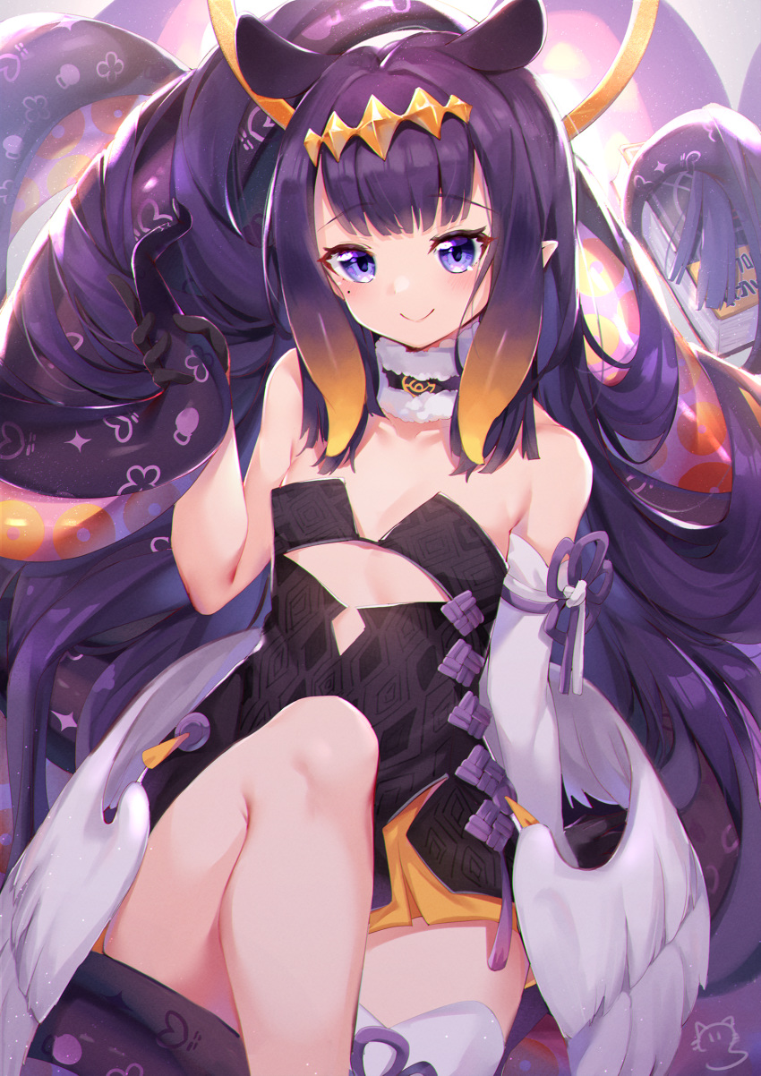 1girl bangs black_dress black_gloves blush book breasts brown_hair closed_mouth commentary crossed_legs detached_sleeves dress eyebrows_visible_through_hair feathered_wings gloves gradient_hair halo hand_up highres hololive hololive_english low_wings multicolored_hair nahaki ninomae_ina'nis purple_hair single_detached_sleeve sitting small_breasts smile solo strapless strapless_dress tentacles violet_eyes virtual_youtuber white_sleeves white_wings wings