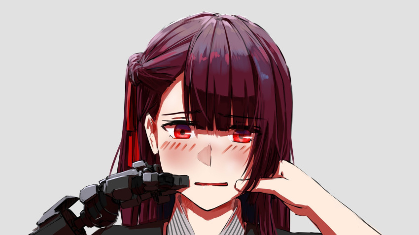 1girl asimo_(hakurei10201) bangs blush commentary_request eyebrows_visible_through_hair face forced_smile girls_frontline grey_background highres long_hair looking_at_viewer mechanical_arm purple_hair red_eyes simple_background wa2000_(girls_frontline)