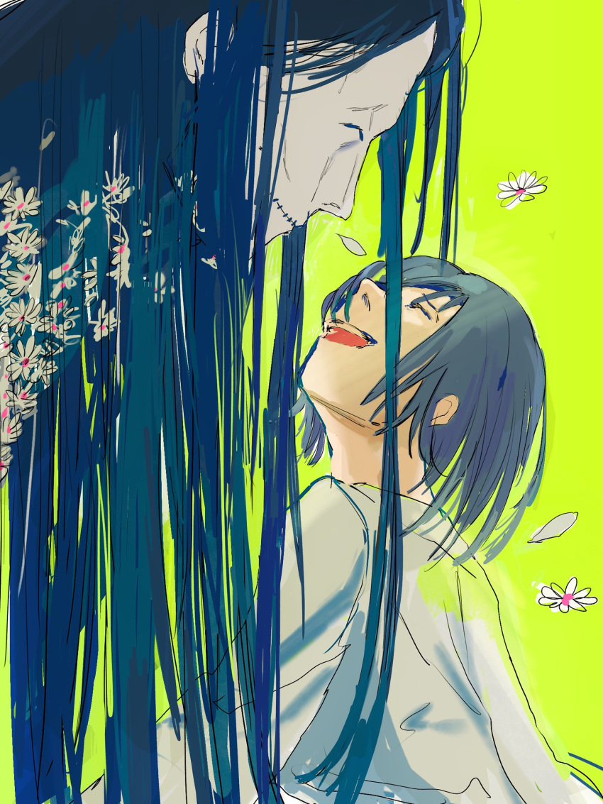 1girl black_hair chainsaw_man closed_eyes collared_shirt flower ghost_devil_(chainsaw_man) highres himeno_(chainsaw_man) long_hair looking_at_another looking_down looking_up medium_hair monster open_mouth petals shirt simple_background smile ssword stitched_mouth stitches upper_body white_shirt yellow_background