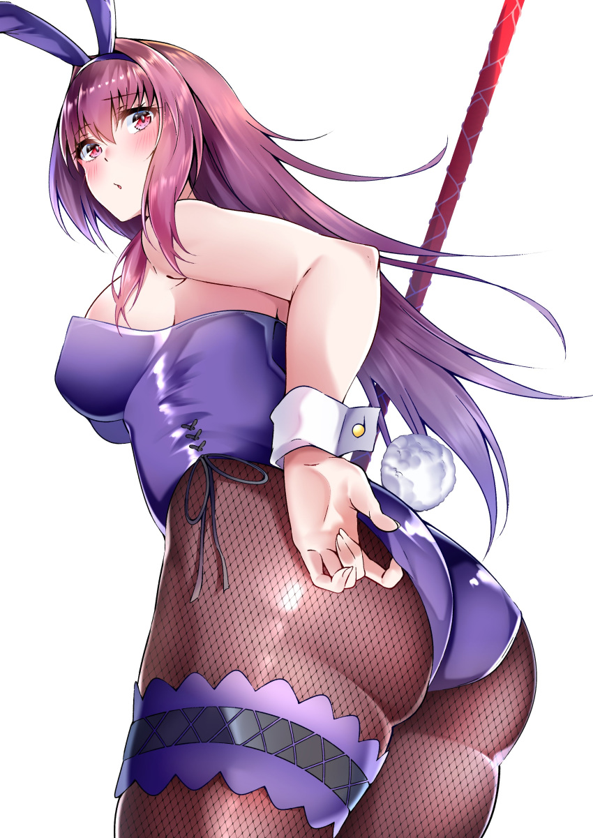 1girl absurdres animal_ears ass bangs blush breasts bunny_tail bunnysuit detached_collar fake_animal_ears fate/grand_order fate_(series) fishnet_legwear fishnets gae_bolg hair_between_eyes highleg highleg_leotard highres large_breasts leotard long_hair looking_at_viewer looking_back open_mouth pantyhose piercing_bunny polearm purple_hair purple_leotard rabbit_ears red_eyes scathach_(fate)_(all) scathach_(fate/grand_order) simple_background spear tail thighs weapon white_background wrist_cuffs yuu-kun_(linke_hand)